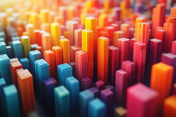 A dynamic 3D data visualization displaying colorful chart bars, illustrating business analytics, statistics, and trends in a modern, abstract style.
