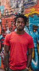 Fototapeta premium an African American man posing in front of a colorful graffiti wall, with a casual and relaxed pose