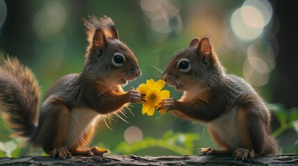 Fototapeta premium Two cute squirrels holding a yellow flower and giving it to each other, with a happy expression on their faces