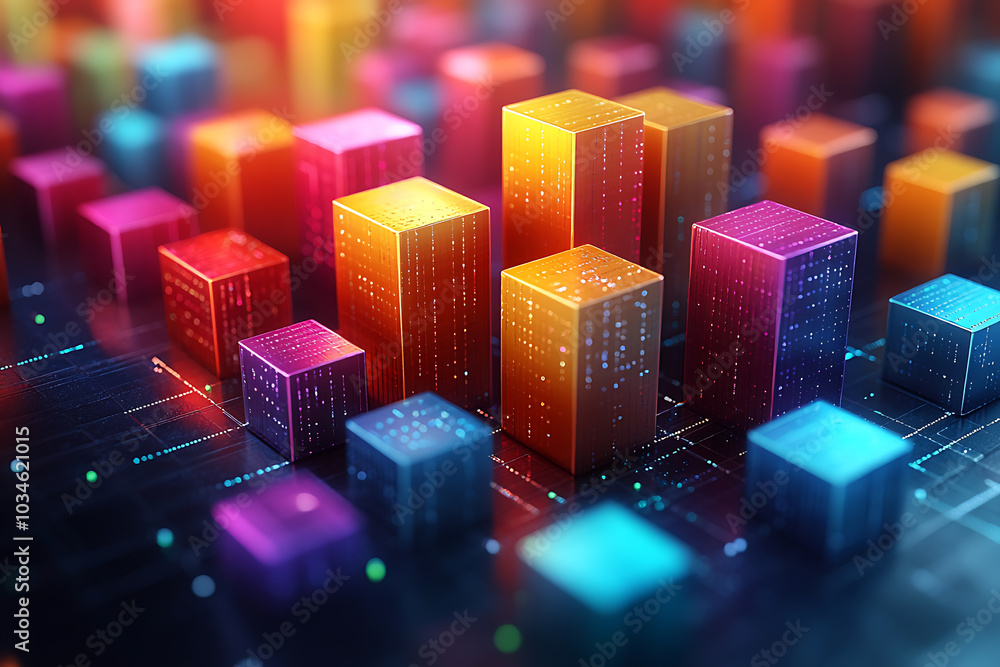 Poster a dynamic 3d data visualization displaying colorful chart bars, illustrating business analytics, sta