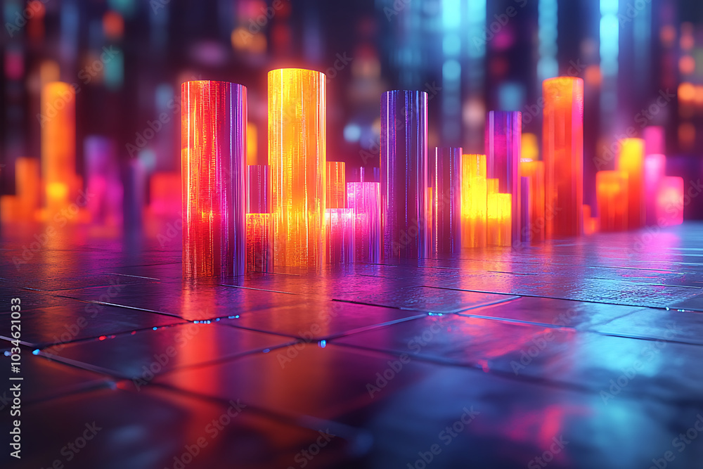 Poster a dynamic 3d data visualization displaying colorful chart bars, illustrating business analytics, sta