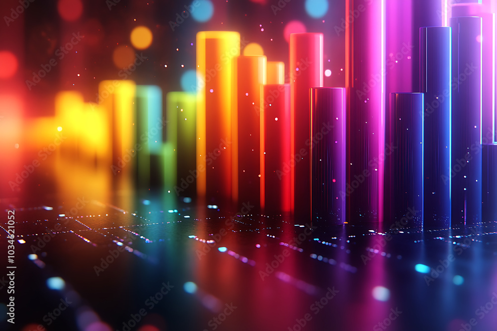 Poster a dynamic 3d data visualization displaying colorful chart bars, illustrating business analytics, sta