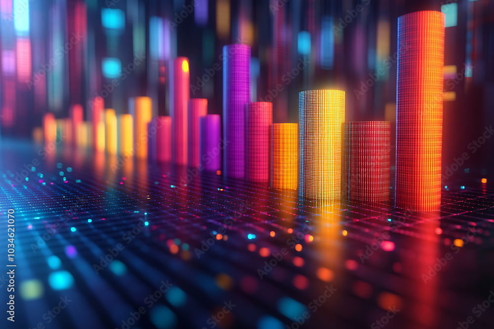 Poster a dynamic 3d data visualization displaying colorful chart bars, illustrating business analytics, sta