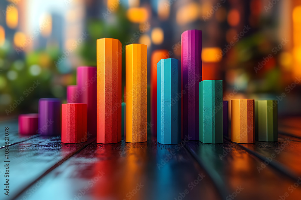 Poster a dynamic 3d data visualization displaying colorful chart bars, illustrating business analytics, sta