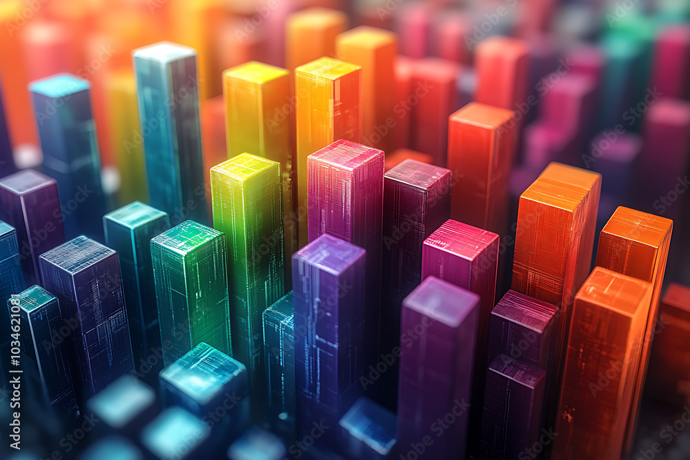 Poster a dynamic 3d data visualization displaying colorful chart bars, illustrating business analytics, sta
