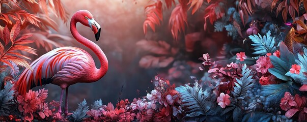 Flamingo surrounded by a vibrant floral landscape