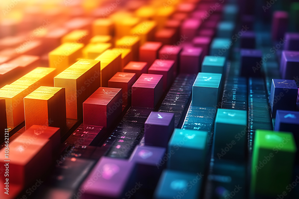 Poster a dynamic 3d data visualization displaying colorful chart bars, illustrating business analytics, sta