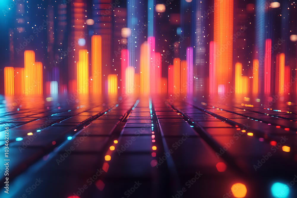 Poster a dynamic 3d data visualization displaying colorful chart bars, illustrating business analytics, sta