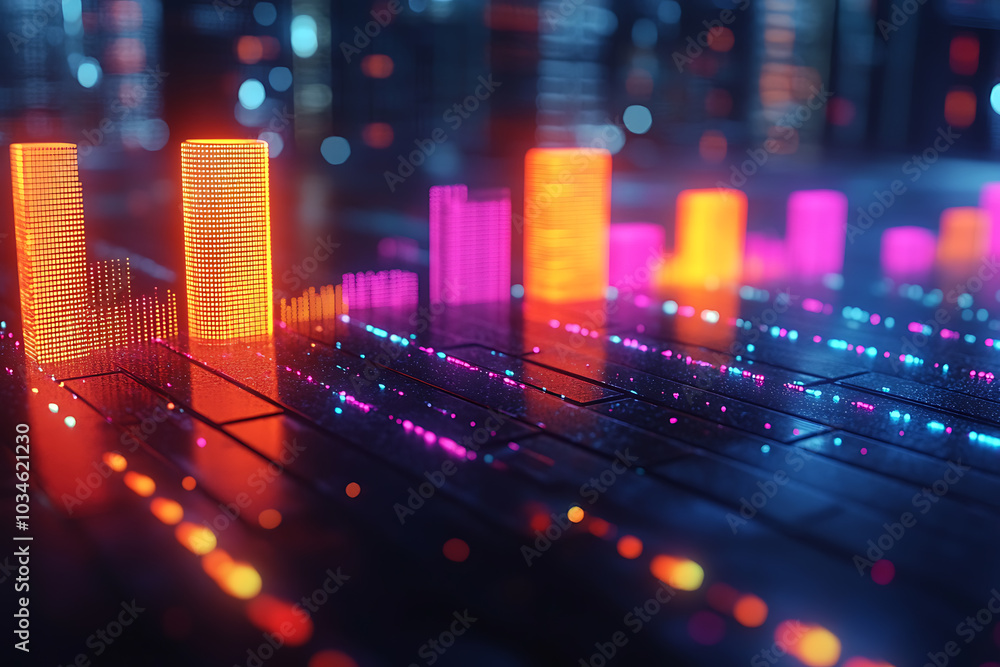 Poster a dynamic 3d data visualization displaying colorful chart bars, illustrating business analytics, sta