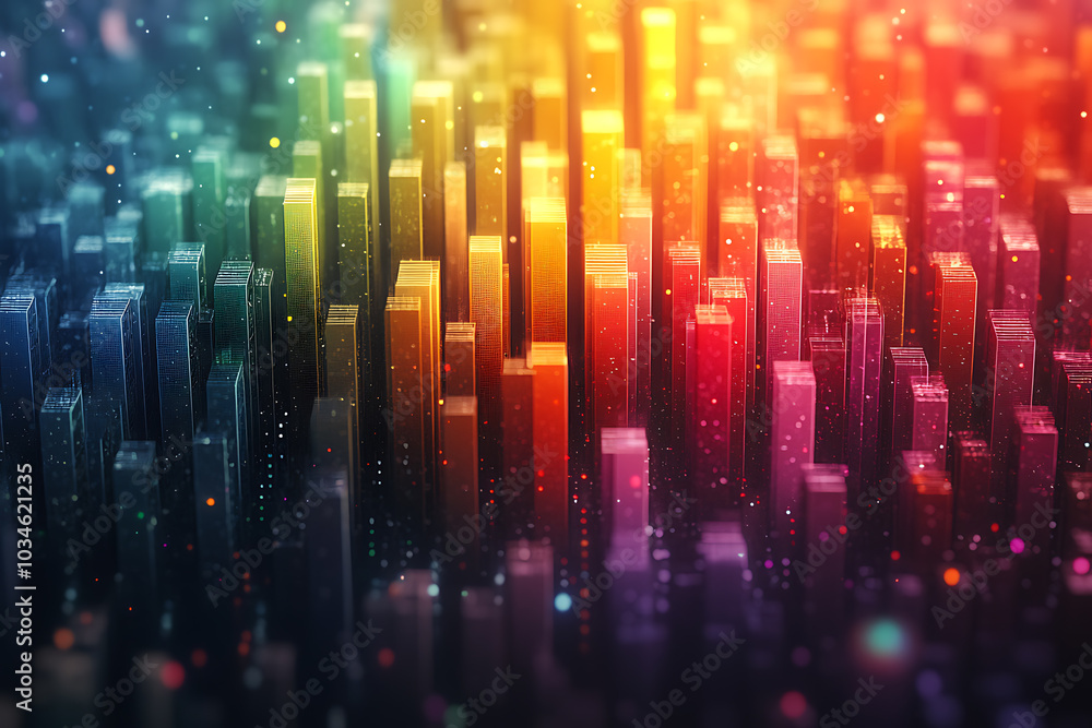 Poster a dynamic 3d data visualization displaying colorful chart bars, illustrating business analytics, sta