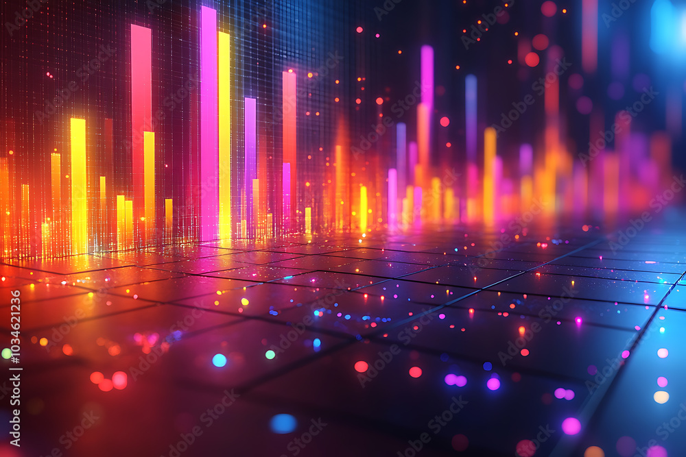 Poster a dynamic 3d data visualization displaying colorful chart bars, illustrating business analytics, sta