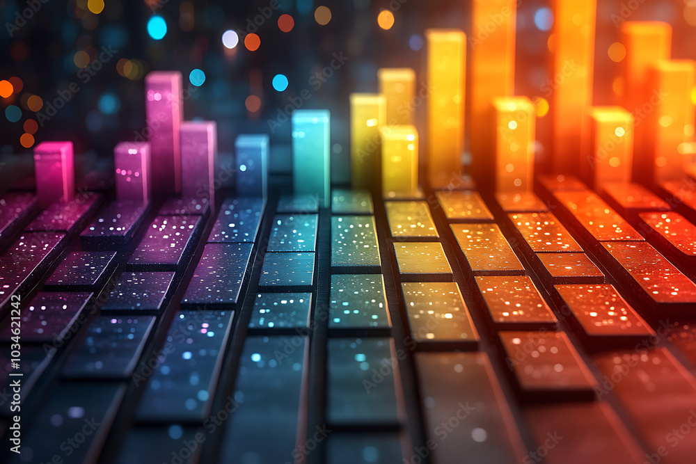 Poster a dynamic 3d data visualization displaying colorful chart bars, illustrating business analytics, sta