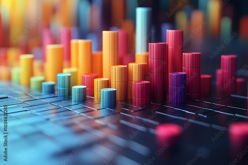 Poster a dynamic 3d data visualization displaying colorful chart bars, illustrating business analytics, sta
