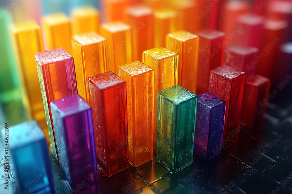 Poster a dynamic 3d data visualization displaying colorful chart bars, illustrating business analytics, sta