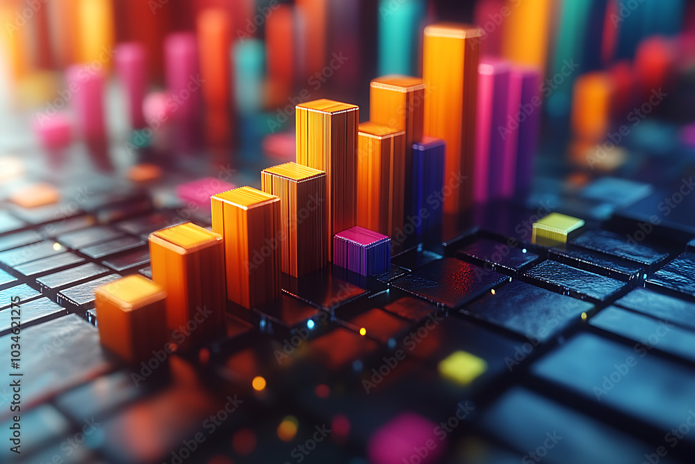 Poster a dynamic 3d data visualization displaying colorful chart bars, illustrating business analytics, sta