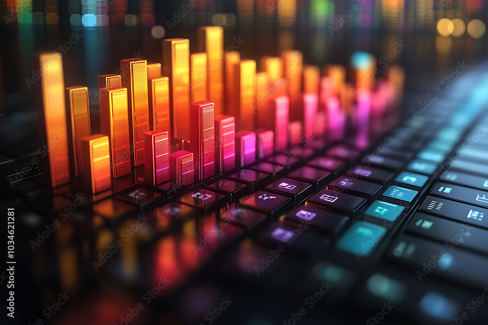 Poster a dynamic 3d data visualization displaying colorful chart bars, illustrating business analytics, sta