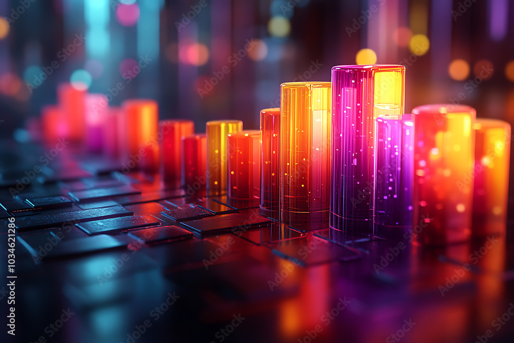 Poster a dynamic 3d data visualization displaying colorful chart bars, illustrating business analytics, sta