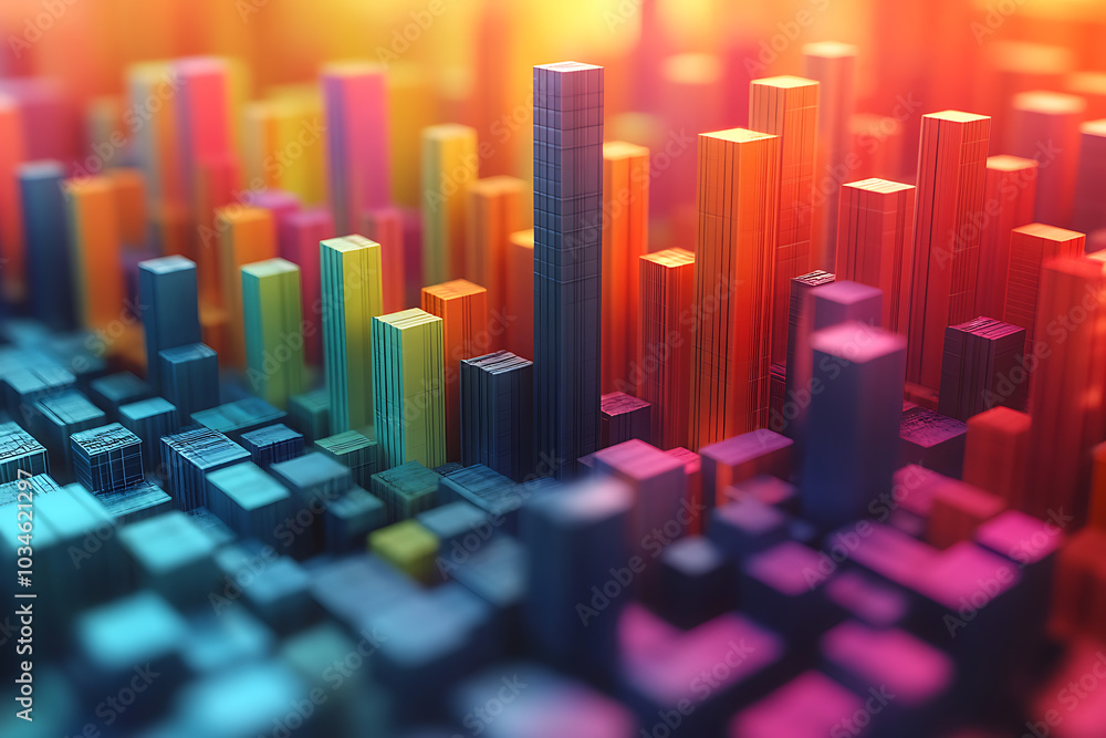 Poster a dynamic 3d data visualization displaying colorful chart bars, illustrating business analytics, sta