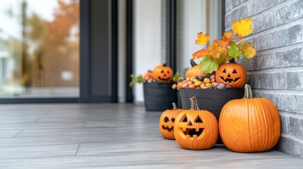 Obraz premium A fun Halloween family pumpkin scavenger hunt with kids searching for candy-filled pumpkins