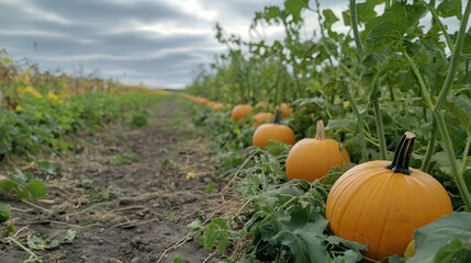 A large orange pumpkin is sitting on the ground in a garden. The pumpkin is surrounded by green leaves and stems, giving it a natural and earthy feel. Concept of warmth and harvest