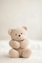 A cute teddy bear sitting against a neutral background, offering a warm and comforting vibe. Ideal for children's designs and cozy visuals.
