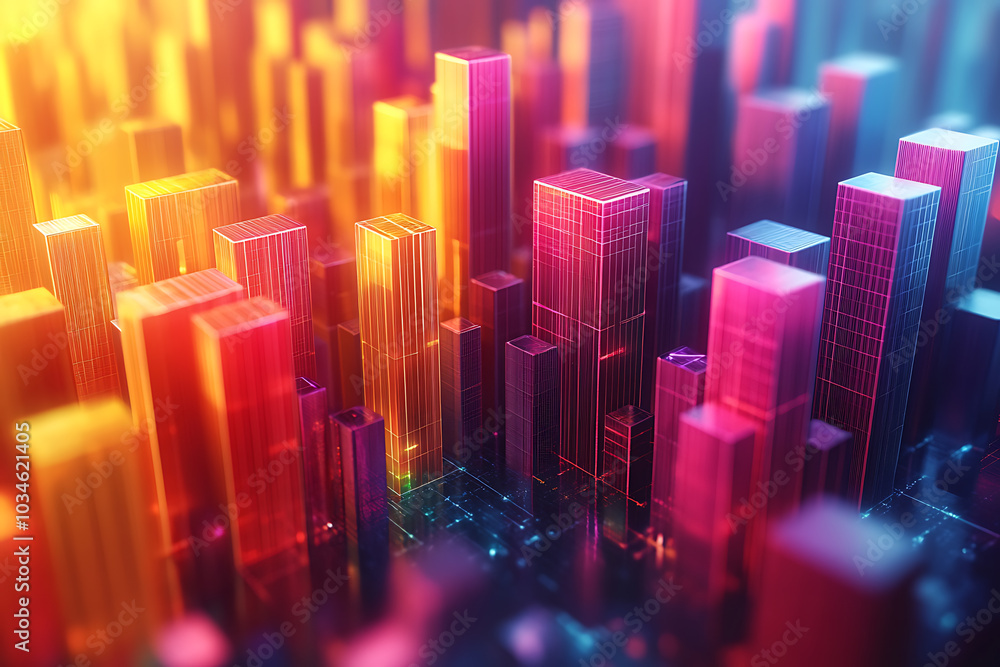 Poster a dynamic 3d data visualization displaying colorful chart bars, illustrating business analytics, sta
