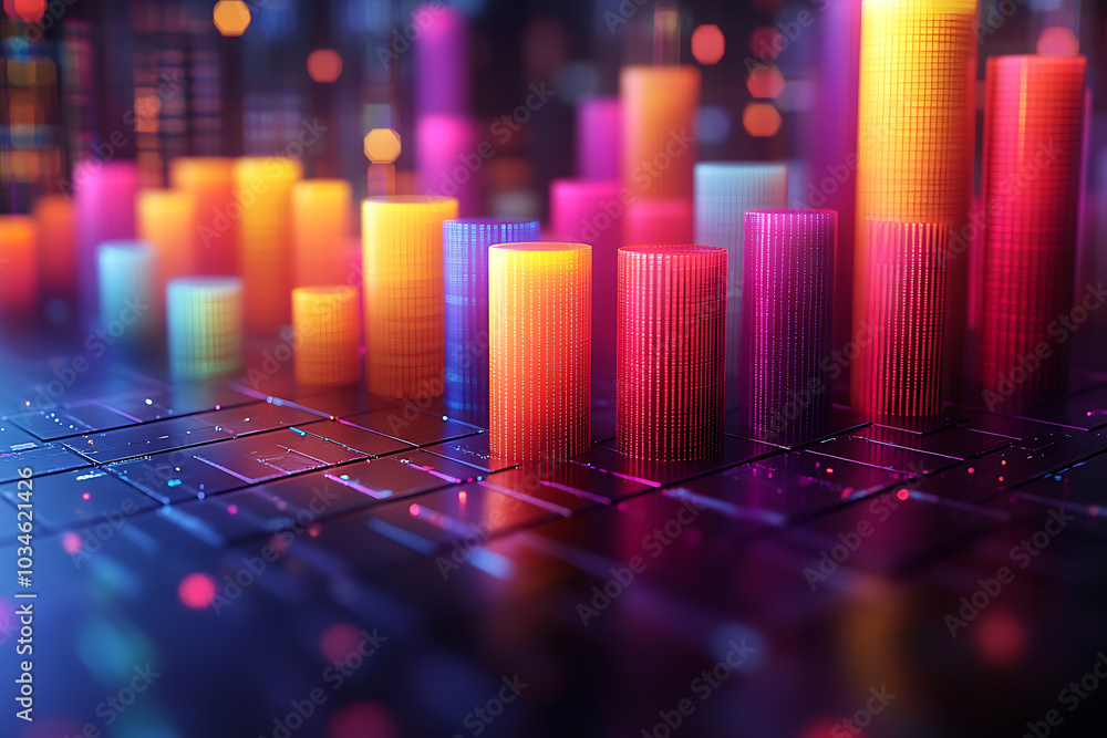 Poster a dynamic 3d data visualization displaying colorful chart bars, illustrating business analytics, sta
