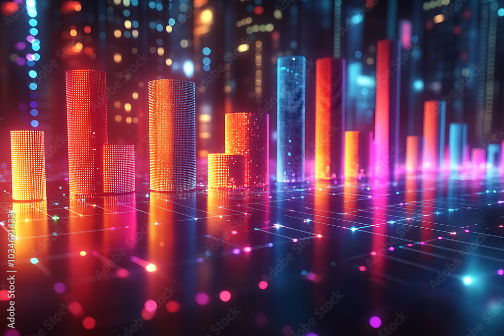 Poster a dynamic 3d data visualization displaying colorful chart bars, illustrating business analytics, sta