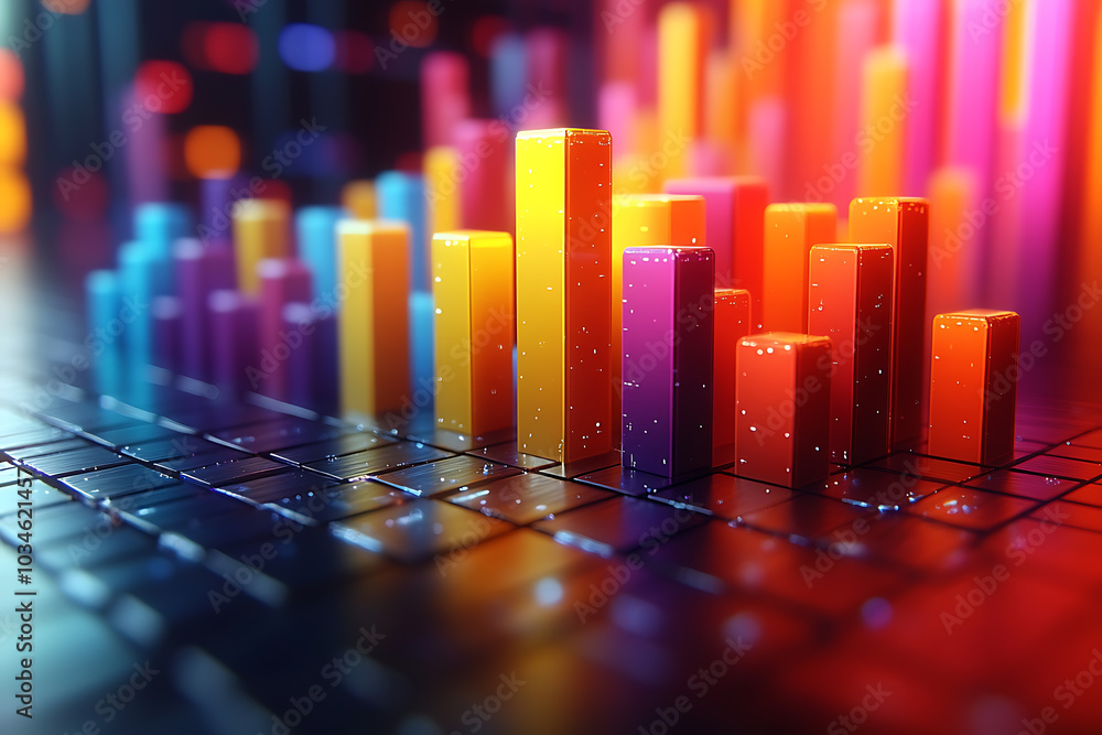 Poster a dynamic 3d data visualization displaying colorful chart bars, illustrating business analytics, sta