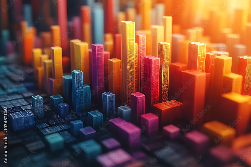 Poster a dynamic 3d data visualization displaying colorful chart bars, illustrating business analytics, sta