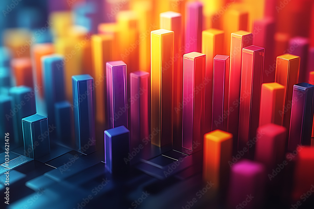 Poster a dynamic 3d data visualization displaying colorful chart bars, illustrating business analytics, sta