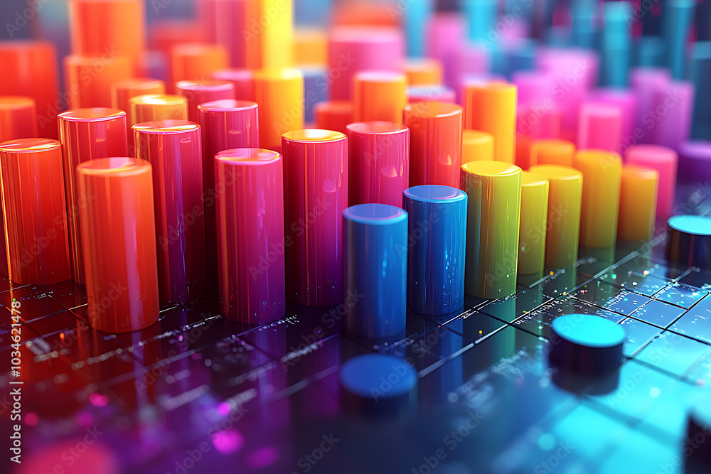 Poster a dynamic 3d data visualization displaying colorful chart bars, illustrating business analytics, sta