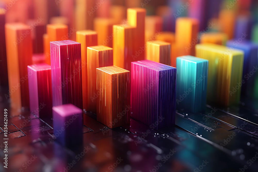 Poster a dynamic 3d data visualization displaying colorful chart bars, illustrating business analytics, sta
