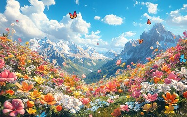 Lively abstract fantasy landscape featuring flowers and butterflies under a blue sky