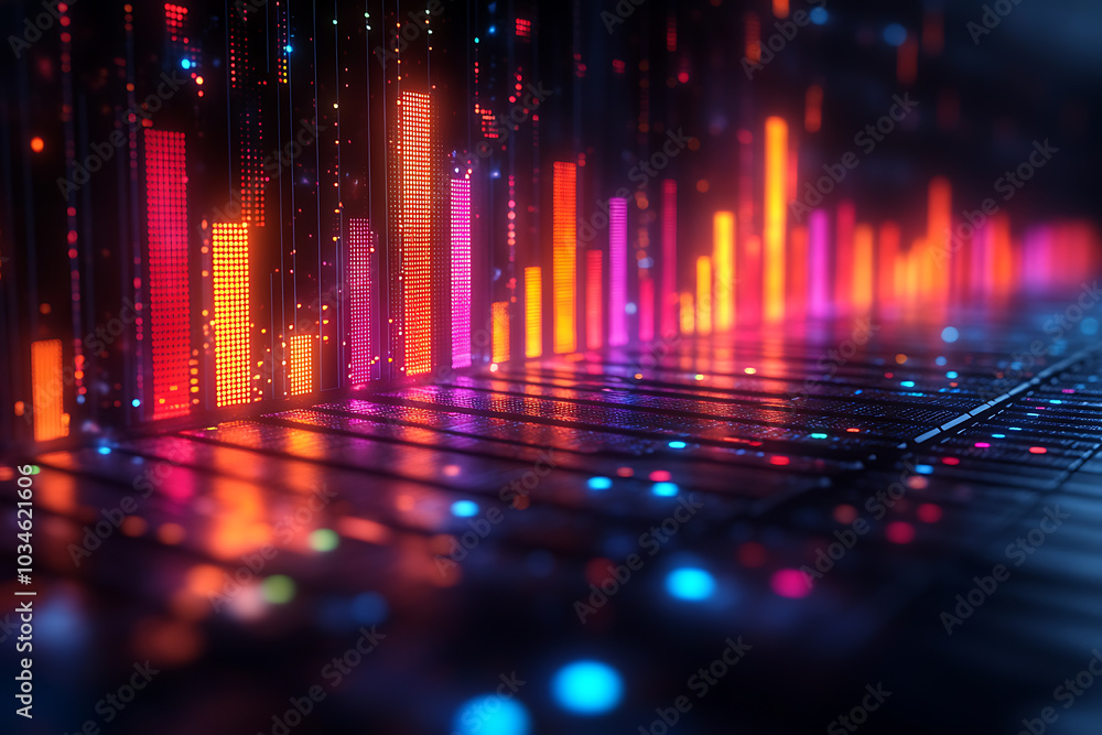 Poster a dynamic 3d data visualization displaying colorful chart bars, illustrating business analytics, sta