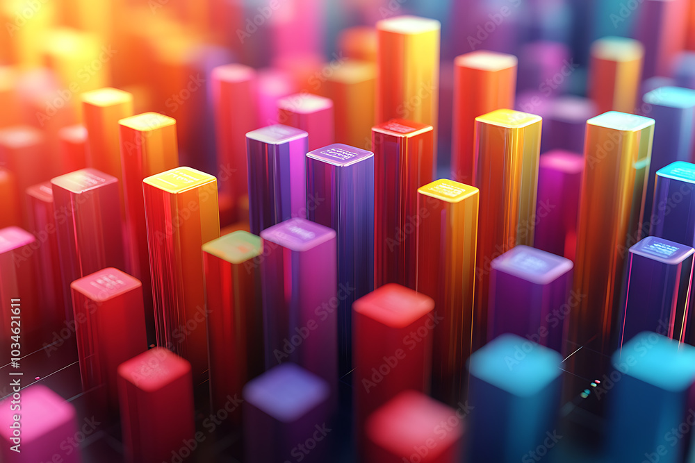 Poster a dynamic 3d data visualization displaying colorful chart bars, illustrating business analytics, sta