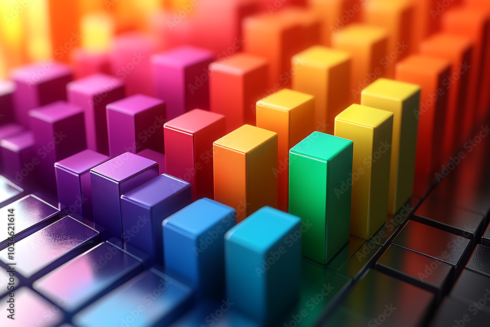 Poster a dynamic 3d data visualization displaying colorful chart bars, illustrating business analytics, sta