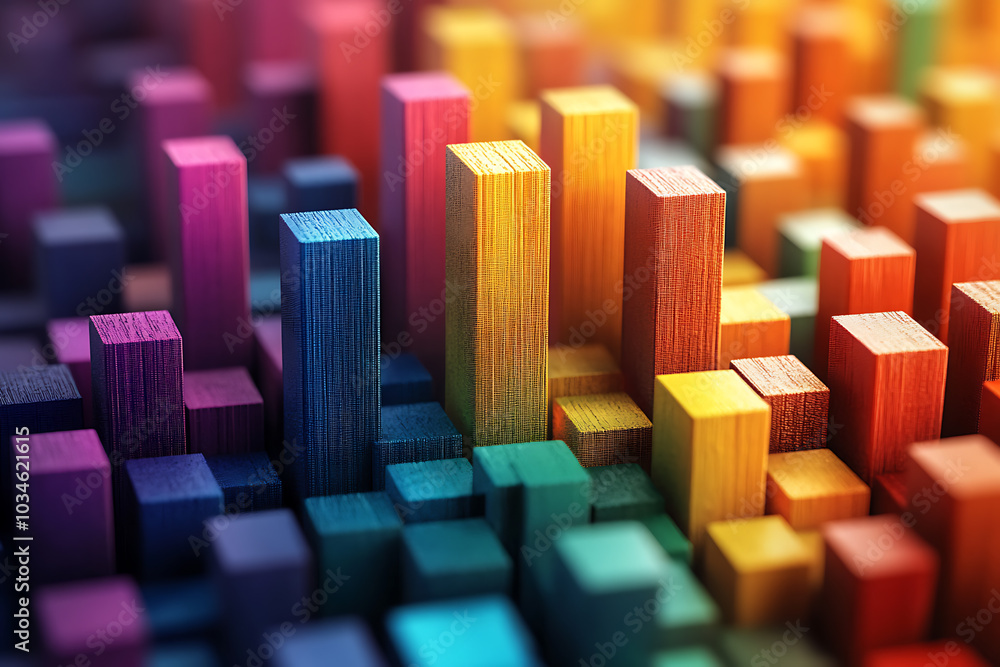 Poster a dynamic 3d data visualization displaying colorful chart bars, illustrating business analytics, sta