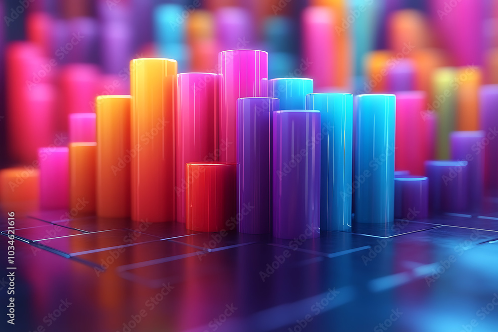 Poster a dynamic 3d data visualization displaying colorful chart bars, illustrating business analytics, sta