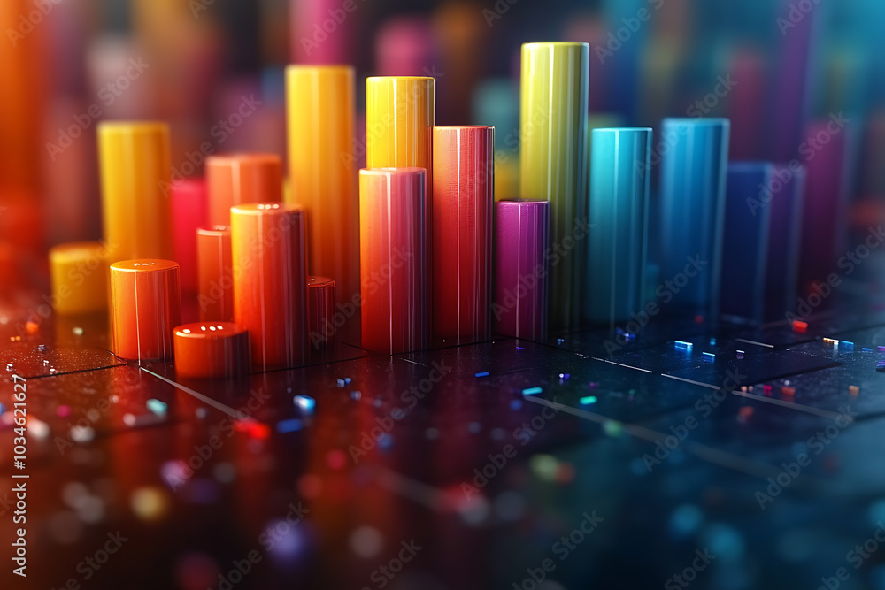 Poster a dynamic 3d data visualization displaying colorful chart bars, illustrating business analytics, sta