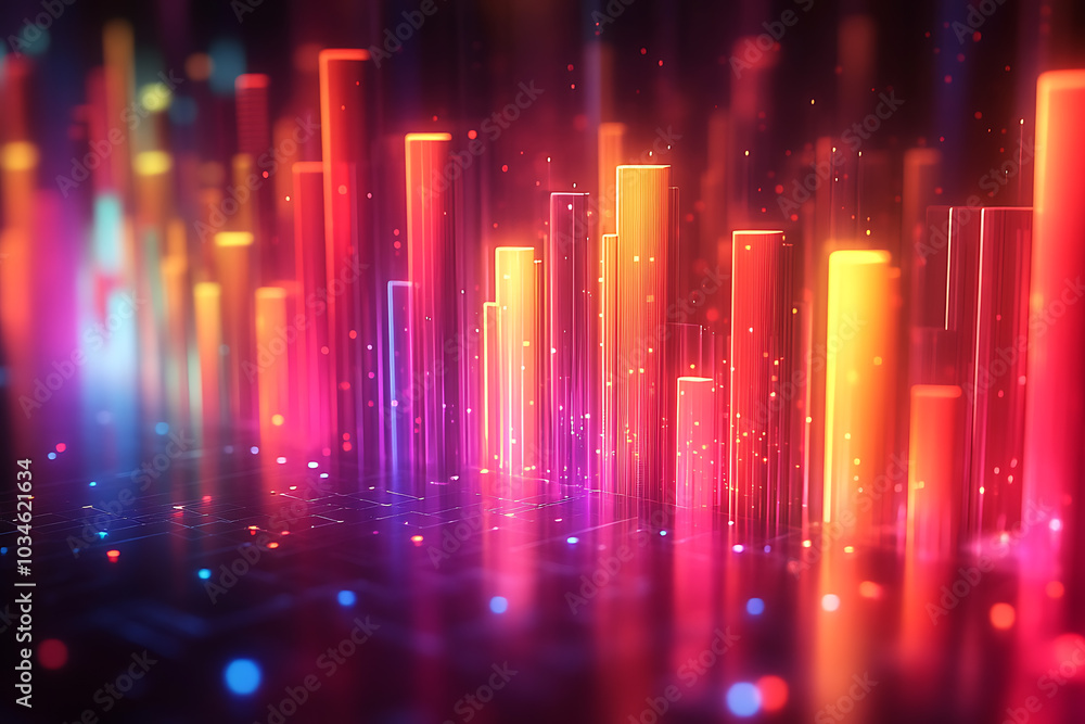 Poster a dynamic 3d data visualization displaying colorful chart bars, illustrating business analytics, sta