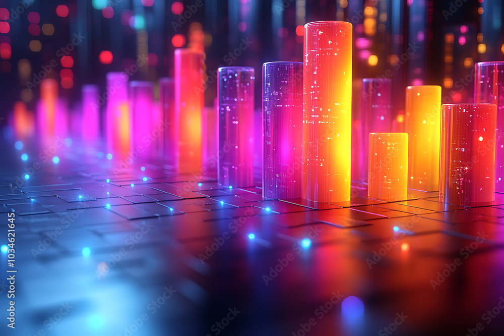 Poster a dynamic 3d data visualization displaying colorful chart bars, illustrating business analytics, sta
