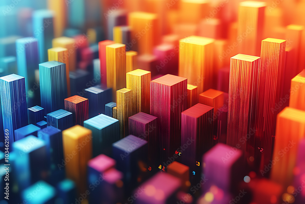 Poster a dynamic 3d data visualization displaying colorful chart bars, illustrating business analytics, sta
