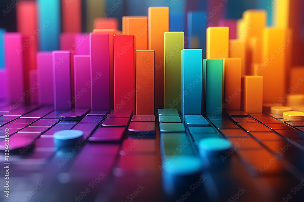 Poster a dynamic 3d data visualization displaying colorful chart bars, illustrating business analytics, sta