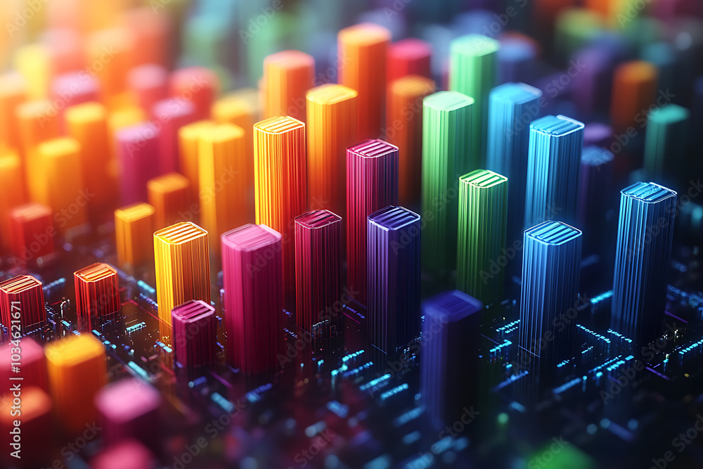 Poster a dynamic 3d data visualization displaying colorful chart bars, illustrating business analytics, sta