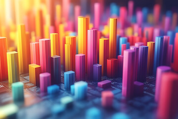 A dynamic 3D data visualization displaying colorful chart bars, illustrating business analytics, statistics, and trends in a modern, abstract style.
