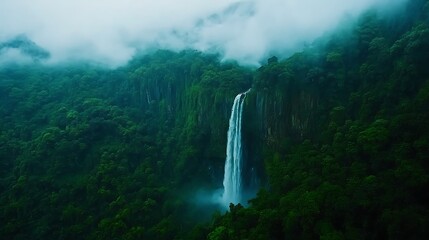 Obraz premium Majestic Waterfall Plunging Through Lush Green Cliffs