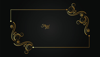 Thin gold beautiful decorative vintage frame for your design. Making menus, certificates, salons and boutiques. Gold frame on a dark background.  Vector illustration. Space for your text.