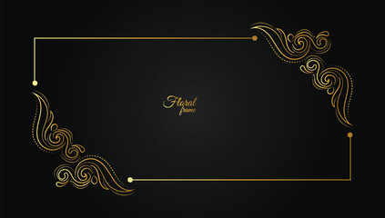 Thin gold beautiful decorative vintage frame for your design. Making menus, certificates, salons and boutiques. Gold frame on a dark background.  Vector illustration. Space for your text.