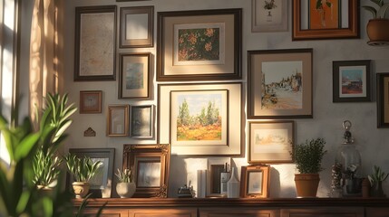 10. An artistic gallery wall with frames and an area left for a product